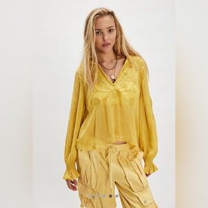 Free People Yellow Embroidered V-Neck Peasant Blouse